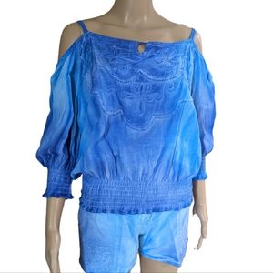 Lacotonniere French Rivera Cotton Blouse and Shots Off Shoulder Embroidery Sz M